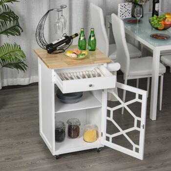 Chariot de service - desserte de cuisine à roulettes - tiroir, placard, porte-serviette - dim. 63L x 45l x 86H cm - plateau bois hévéa structure MDF blanc 4