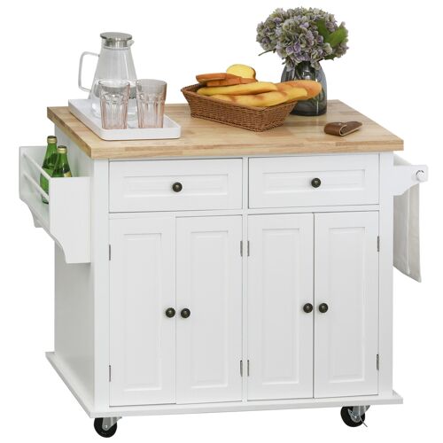 Desserte de cuisine multi rangements 2 tiroirs 2 placard 2 portes avec étagère range-bouteille porte-torchons MDF hévéa