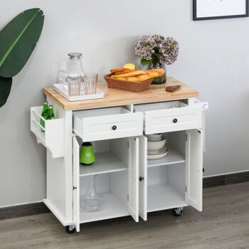 Desserte de cuisine multi rangements 2 tiroirs 2 placard 2 portes avec étagère range-bouteille porte-torchons MDF hévéa 4