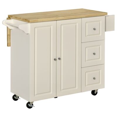 Carro de cocina multialmacenamiento 3 cajones 2 puertas con especiero estante toallero bandeja de extensión madera de caucho MDF blanco