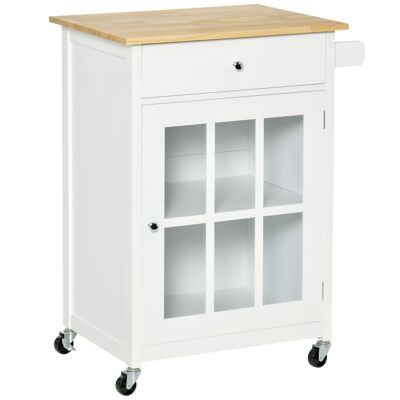 HOMCOM Carrello da cucina con ruote multi-stoccaggio - armadio con ante in vetro con ripiano regolabile, cassetto, porta strofinacci - effetto rovere chiaro bianco