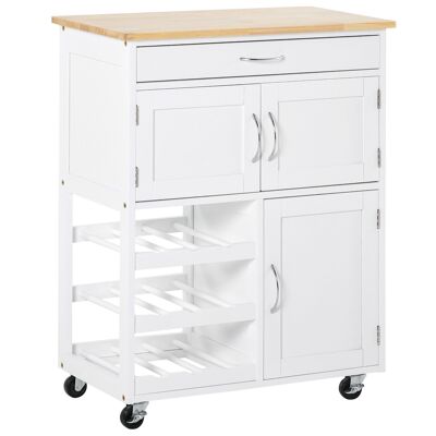 HOMCOM Multi-storage kitchen trolley 2 drawer cupboards 9-bottle locker White MDF rubber wood top