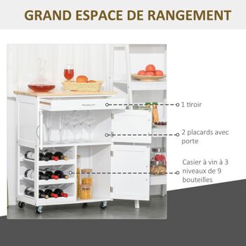 HOMCOM Desserte de cuisine multi rangements 2 placards tiroir casier 9 bouteilles MDF blanc plateau bois caoutchouc 4