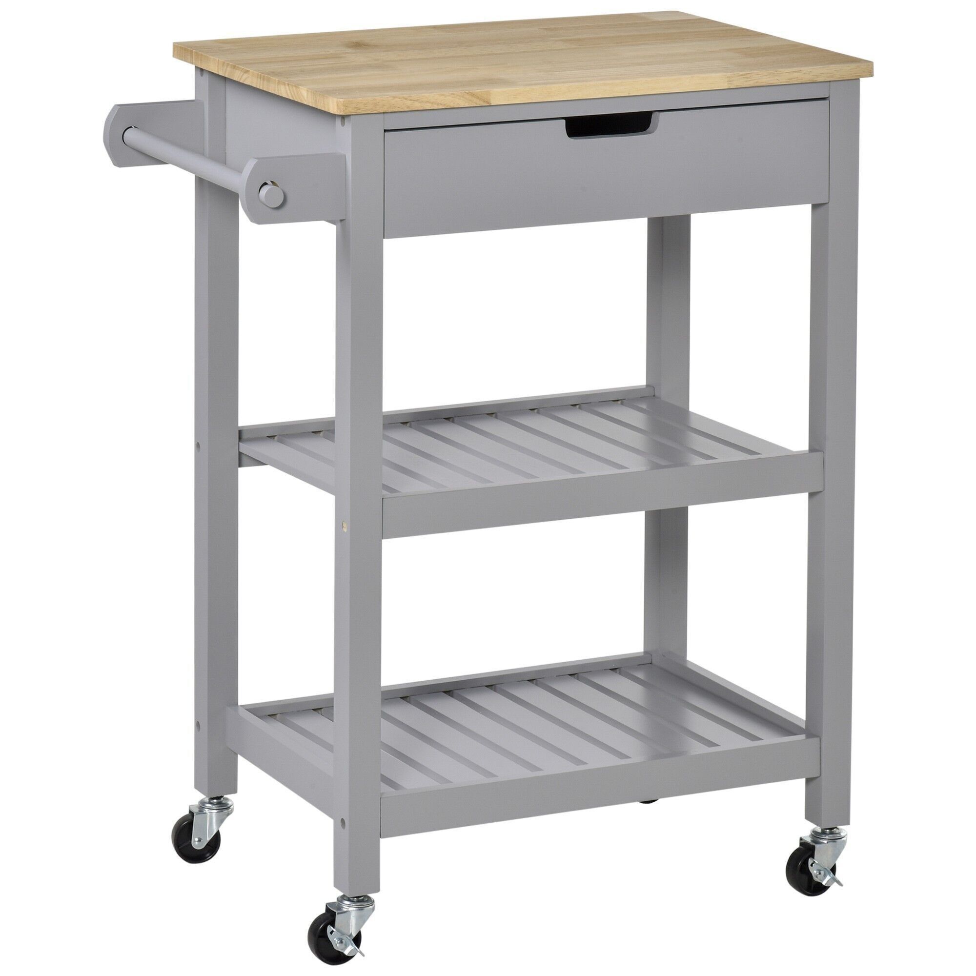 Carrello cucina su ruote - carrello di servizio - cassetto, 2 ripiani - piano in MDF gommato grigio