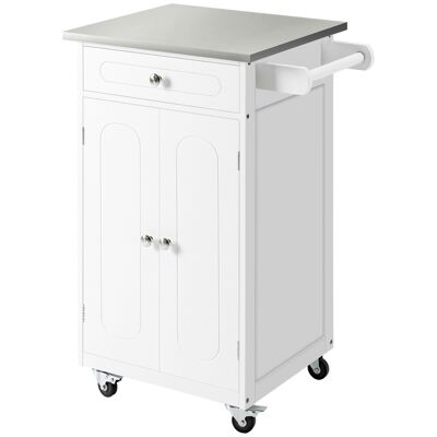 Multi-storage kitchen trolley 1 drawer cupboard 2 doors with white MDF stainless steel towel holder shelf.