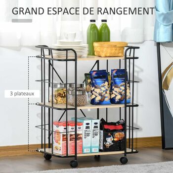 HOMCOM Chariot de service desserte Vintage style industriel 3 étagères métal noir MDF aspect bois chêne clair 4