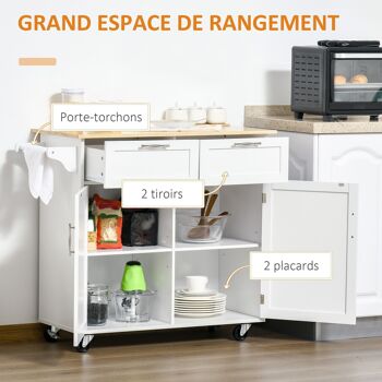 HOMCOM Desserte îlot de cuisine - 2 portes, 2 tiroirs, porte-torchon - poignées métal - MDF blanc hévéa 4