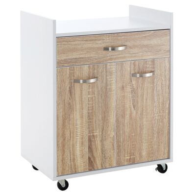 HOMCOM Chariot de service desserte de cuisine à roulettes tiroir placard 2 portes étagère panneaux particules blanc aspect chêne clair