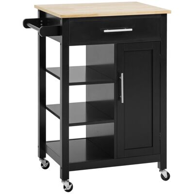 Contemporary style kitchen trolley - door, drawer, 3 shelves - black MDF metal handles rubberwood top