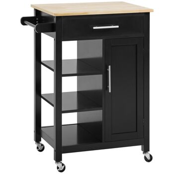 Desserte de cuisine style contemporain - porte, tiroir, 3 étagères - poignées métal MDF noir plateau bois hévéa 1