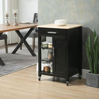 Desserte de cuisine style contemporain - porte, tiroir, 3 étagères - poignées métal MDF noir plateau bois hévéa 2