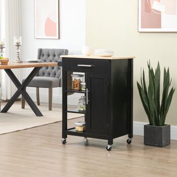 Desserte de cuisine style contemporain - porte, tiroir, 3 étagères - poignées métal MDF noir plateau bois hévéa 4