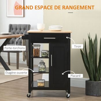 Desserte de cuisine style contemporain - porte, tiroir, 3 étagères - poignées métal MDF noir plateau bois hévéa 5