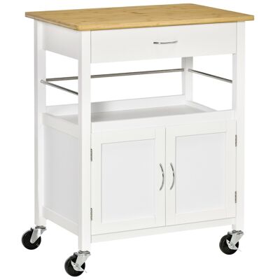 Multi-storage kitchen trolley - dim. 73L x 50W x 91H cm - white MDF metal handles varnished bamboo wood top