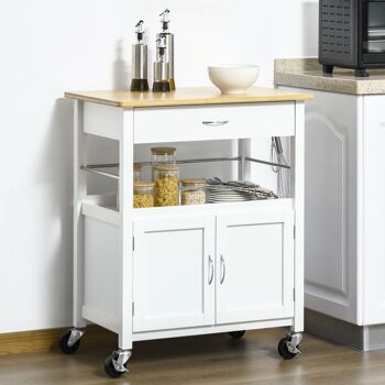 Desserte de cuisine multi-rangements - dim. 73L x 50l x 91H cm - poignées métal MDF blanc plateau bois bambou verni 2