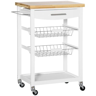 Kitchen trolley on wheels with worktop, 2 sliding baskets, 1 tea towel holder - white