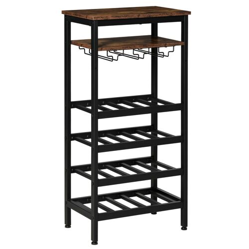 Casier à vin avec étagères capacité 20 bouteilles - porte-bouteilles porte-verres style industriel dim. 50L x 32l x 100H cm - métal noir aspect bois vieilli