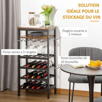 Casier à vin avec étagères capacité 20 bouteilles - porte-bouteilles porte-verres style industriel dim. 50L x 32l x 100H cm - métal noir aspect bois vieilli 4