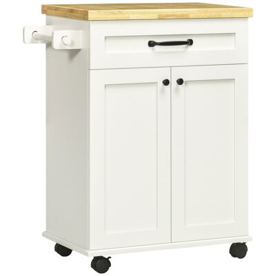 Küchenwagen – Türschrank mit verstellbarem Einlegeboden, Schublade, Geschirrtuchhalter – weißes Gummibaumholz