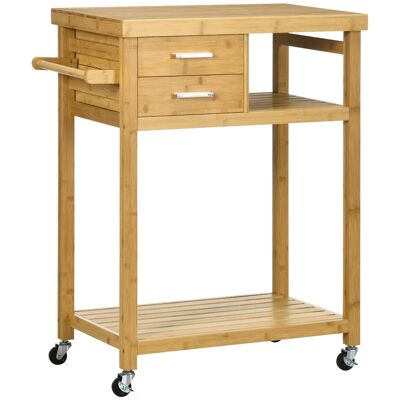 Kitchen trolley on wheels serving trolley 2 drawers 2 shelves varnished bamboo wood