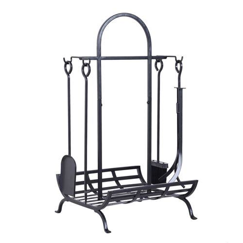 Serviteur de cheminée - porte bûches - range bûches multi accessoires dim. 45L x 40l x 78H cm métal noir