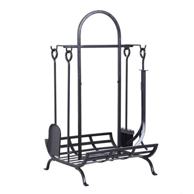 Juego de chimenea - porta leños - almacenamiento de leña multiaccesorio Dim. 45L x 40W x 78H cm metal negro