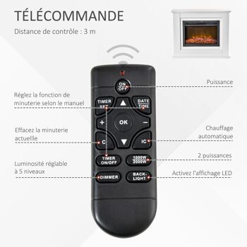 Cheminée électrique grande taille 2000 W  effet flammes LED minuterie température luminosité réglables télécommande fournie blanc 5