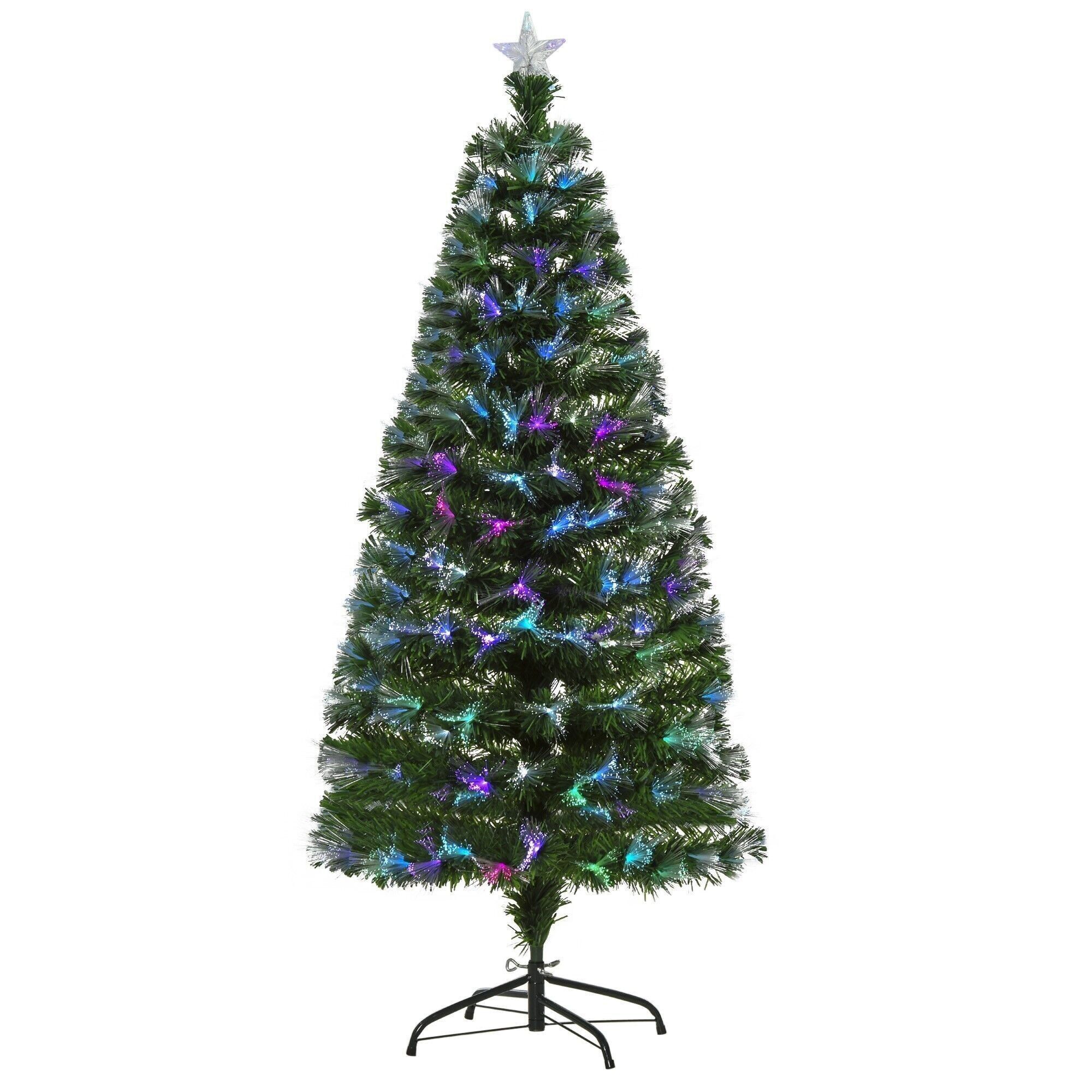 Sapin de Noël artificiel lumineux fibre optique LED multicolore + support pied Ø 74 x 150H cm 180 branches étoile sommet brillante vert