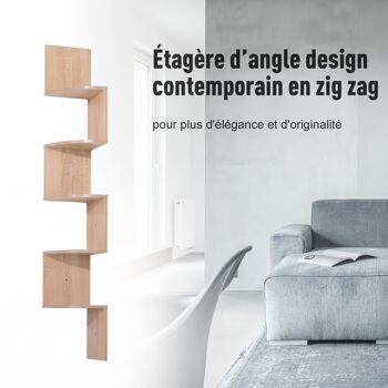 Étagère d'angle étagère de rangement design contemporain zig zag 20L x 20l x 126H cm 5 niveaux panneaux de particules chêne clair 4