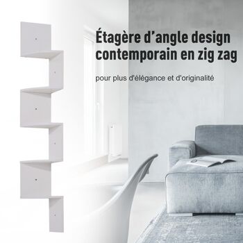 Étagère d'angle étagère de rangement design contemporain zig zag 20L x 20l x 126H cm 5 niveaux panneaux de particules blanc 5