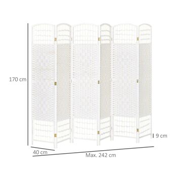 Paravent intérieur 6 panneaux pliables séparateur de pièce bois de peuplier bambou fibres de papier tressée blanc paille 3