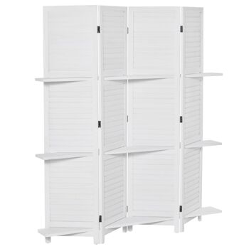 Paravent intérieur 4 panneaux 3 étagères pliables séparateur de pièce portes persiennes bois de paulownia blanc 1