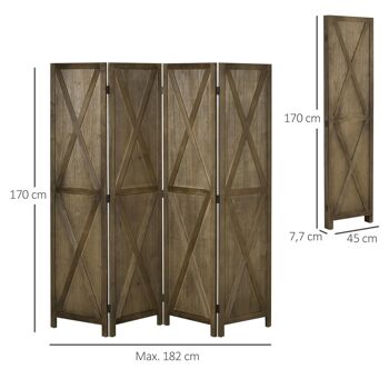 Paravent intérieur 4 panneaux style campagnard chic - séparateur de pièce avec croisillons - bois de paulownia 3