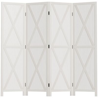 Indoor screen 4 panels country chic style - room divider with crosspieces - white paulownia wood