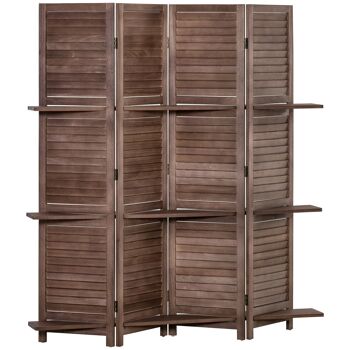 Paravent intérieur 4 panneaux 3 étagères pliables séparateur de pièce portes persiennes bois de paulownia aspect acajou foncé 1