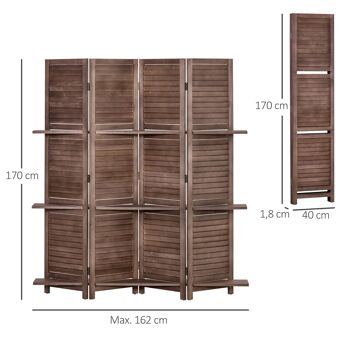 Paravent intérieur 4 panneaux 3 étagères pliables séparateur de pièce portes persiennes bois de paulownia aspect acajou foncé 3