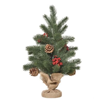 Albero di Natale artificiale da tavolo Ø 28 x 50H cm - 55 rami spine aspetto Nordmann - 4 pigne, 4 bacche rosse - base juta