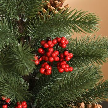 Sapin de Noël artificiel de table bureau Ø 28 x 50H cm - 55 branches épines aspect Nordmann - 4 pommes de pin, 4 baies rouges - piètement toile de jute 4