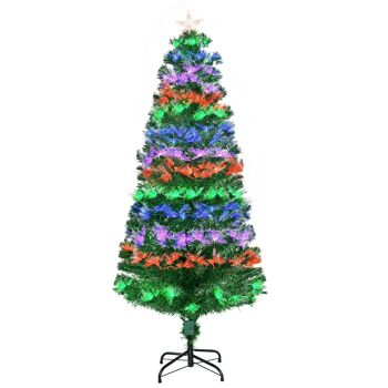 Sapin de Noël artificiel lumineux fibre optique LED multimode multicolore + support pied Ø 75 x 150H cm 140 branches étoile sommet brillante vert 1
