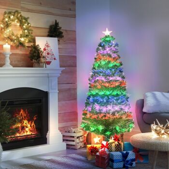 Sapin de Noël artificiel lumineux fibre optique LED multimode multicolore + support pied Ø 75 x 150H cm 140 branches étoile sommet brillante vert 2