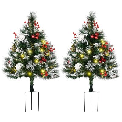 Künstliche Weihnachtsbäume H. 75 cm im Schnee-Look – Set mit 2 LED-Bäumen – 8 Beleuchtungsmodi – 70 Zweige – inklusive Dekoration – für den Außenbereich geeignet