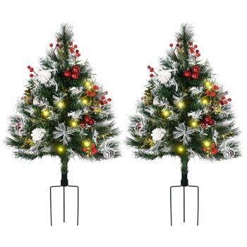 Sapins de Noël artificiel H. 75 cm aspect enneigé - lot de 2 sapins LED - 8 modes d'éclairage - 70 branches - décoration incluse - usage extérieur 1