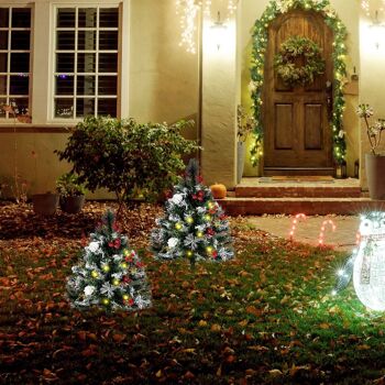 Sapins de Noël artificiel H. 75 cm aspect enneigé - lot de 2 sapins LED - 8 modes d'éclairage - 70 branches - décoration incluse - usage extérieur 2