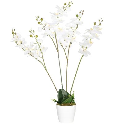 Plante artificielle orchidée H.0,75 m 4 branches 43 fleurs feuilles lichen grand réalisme pot inclus