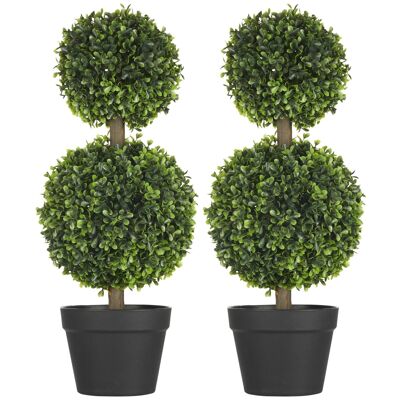 Set mit 2 künstlichen Doppelkugel-Buchsbäumen, inklusive Stamm und Topf – H. 60 cm, grünes PE