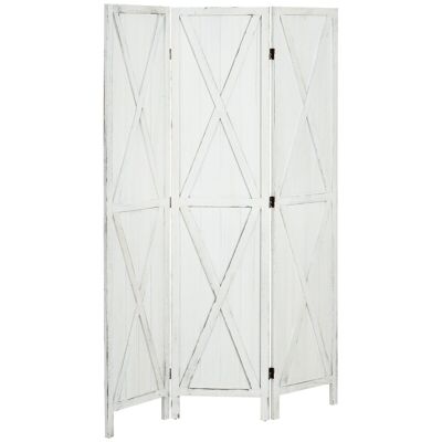 Interior screen 3 panels country chic style - room divider with crosses - white aged effect