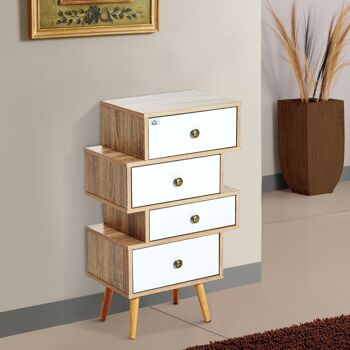 Meuble commode chiffonnier style scandinave 4 tiroirs coulissants 47 x 30 x 81 cm coloris blanc bois de chêne 2