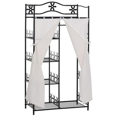 Multi-storage wardrobe - 5 shelves - size 84L x 42W x 158.5H cm - black metal with flower pattern 2 white curtains