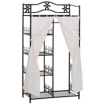 Armoire penderie multi-rangement - 5 étagères - dim. 84L x 42l x 158,5H cm - métal noir motif fleurs 2 rideaux blanc 1