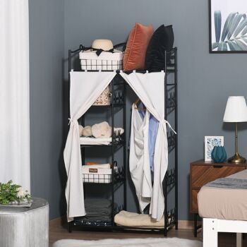 Armoire penderie multi-rangement - 5 étagères - dim. 84L x 42l x 158,5H cm - métal noir motif fleurs 2 rideaux blanc 2